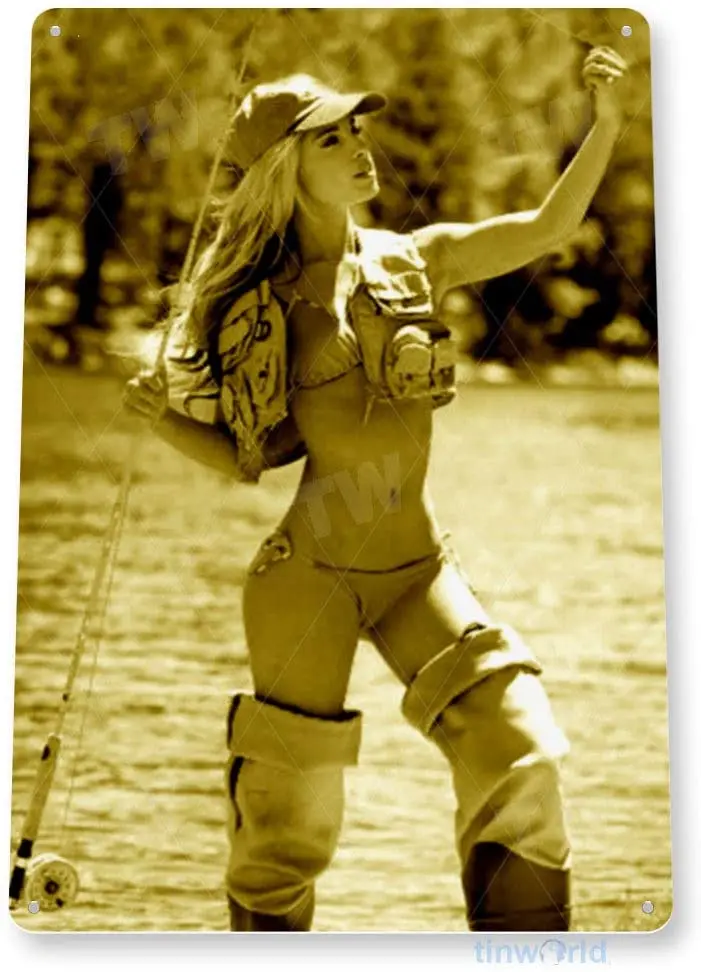 Жестяной знак Tinworld, украденная приманка, булавка, рыбалка, девушка, гараж, Марина, металлический знак, декор B698