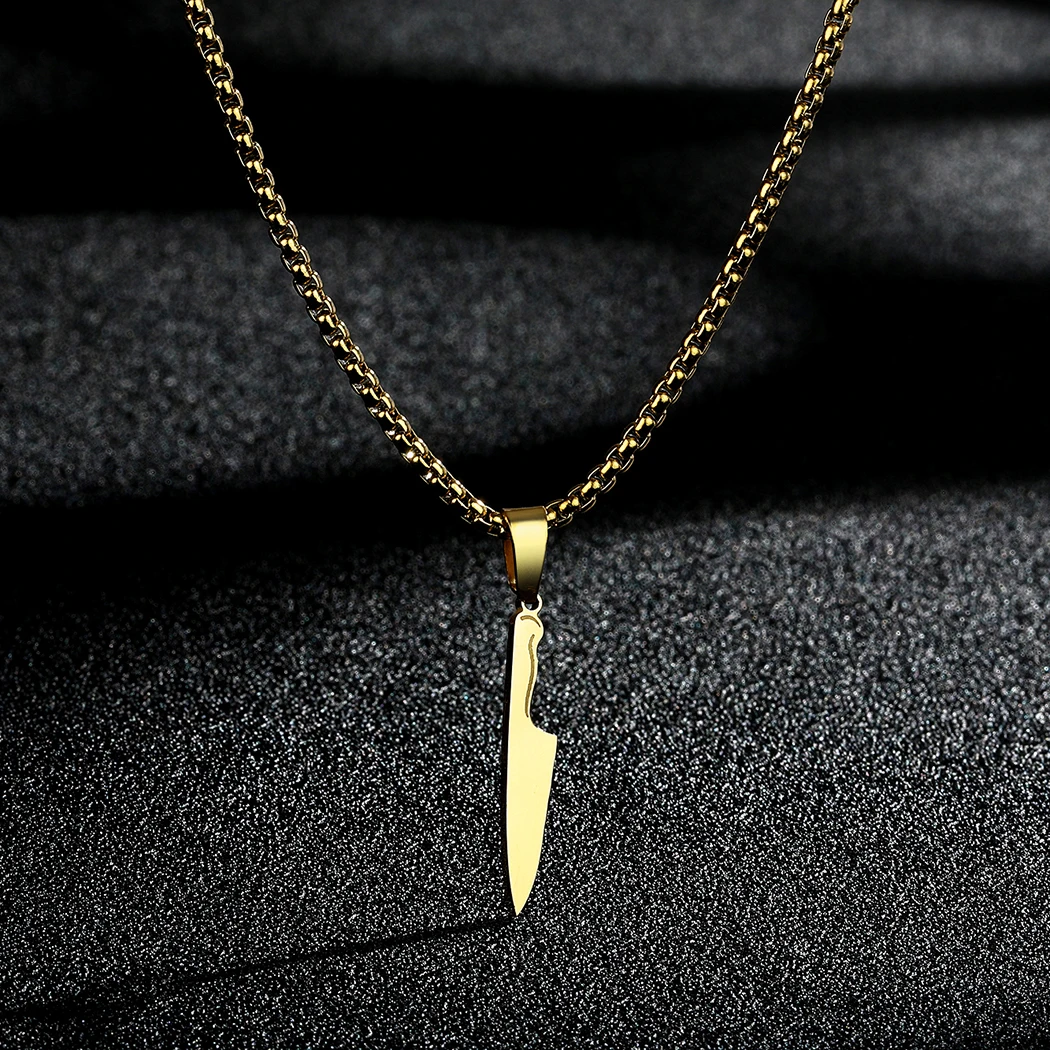 LUTAKU Hip Hop Chef Knife Stainless Steel Pendant Necklace For Men Women Punk Statement Creativity Charm Jewelry Gift