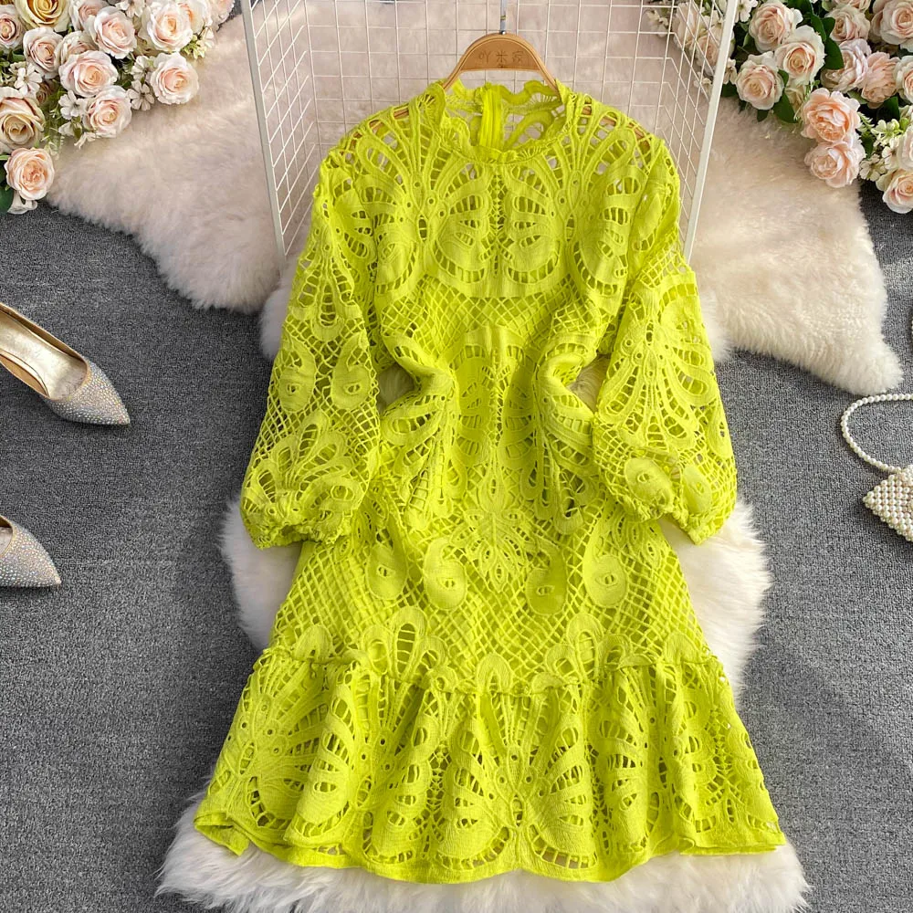 

Runway Autumn Round Neck Lantern Long Sleeve Hollow Out High Waist A-Line Lace Dress Solid Color Elegant Ladies Vestidos