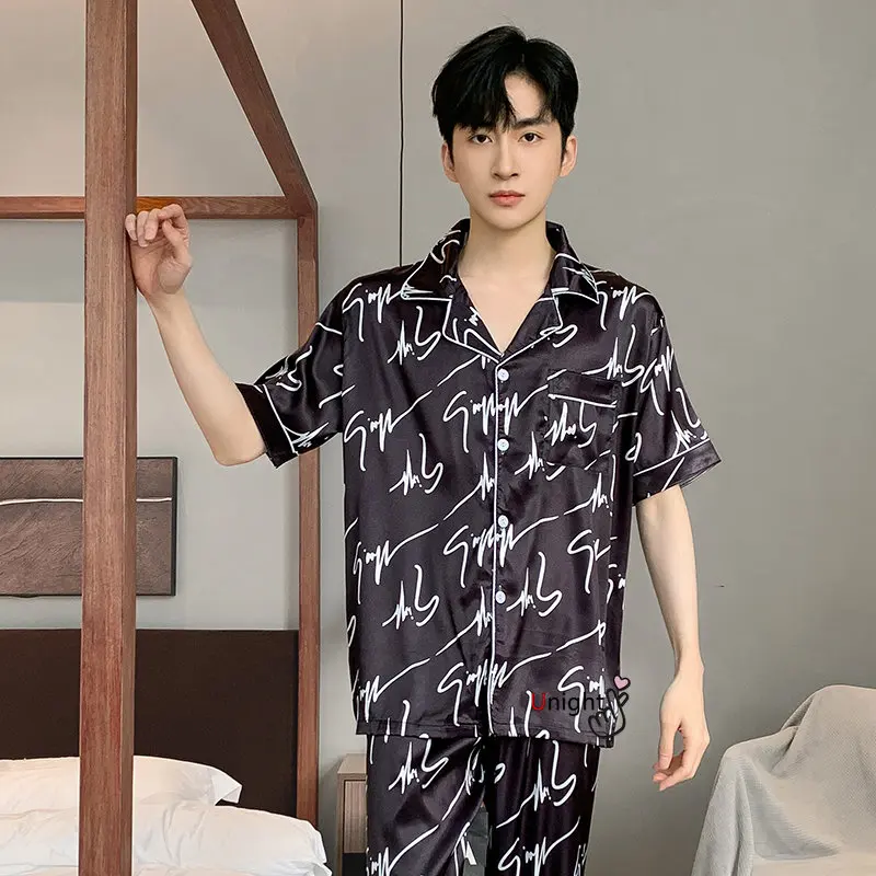 Spring Summer Man Pajama Sets Silk Sleepwear Pajamas for Men Plus Size Home Clothing Pyjamas Suit Home Wear Loungewear Homesuits