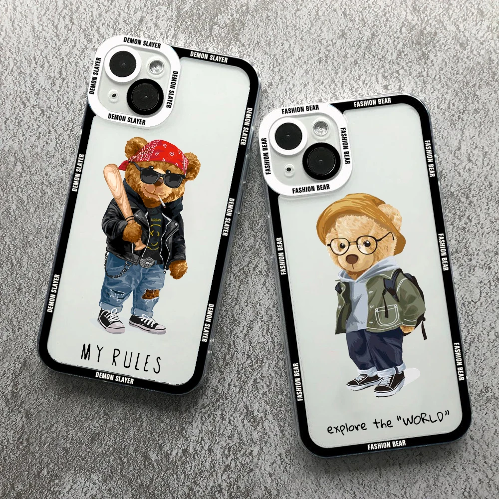 

Fashion Sports Bear Angel Eyes Phone Case For iPhone 14 13 12 11 Pro Max XS X XR 14 Plus Luxury Clear Soft Silicone Back Cover