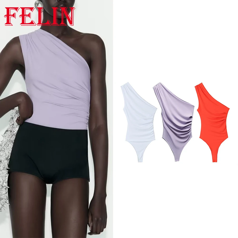 

TRAF 2023 Summer Women Sexy Solid Bodysuits Sheath Asymmetric One Shoulder Bodysuits Sleeveless Jumpsuits Fashion Women Tops