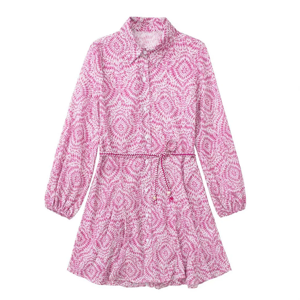 

Женское Повседневное платье-рубашка с принтом, однобортное мини-платье с отложным воротником и длинным рукавом и поясом, лето 2022