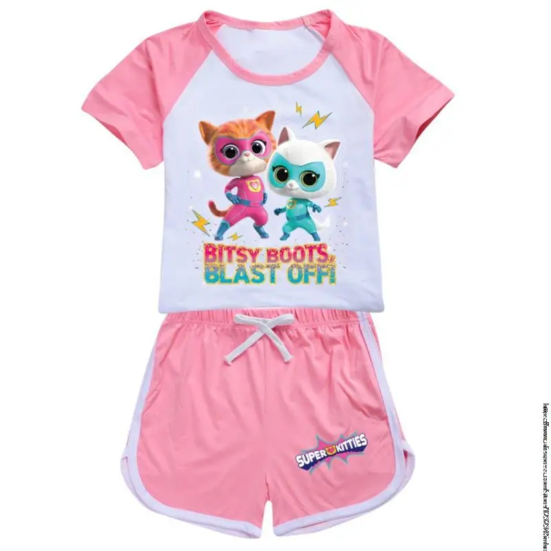Пижамный комплект SuperKitties из аниме летняя детская футболка с коротким рукавом