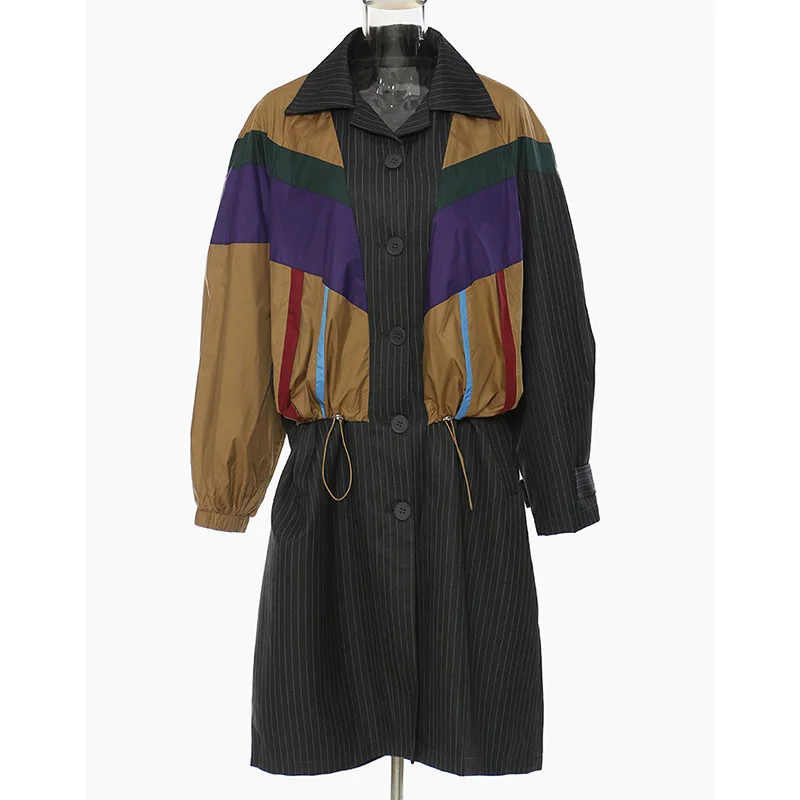 

SeeBeautiful Trench Coat Turn-down Long Sleeve Contrast Color Stitching Single Breasted Women Autumn 2022 New Fashion Q511