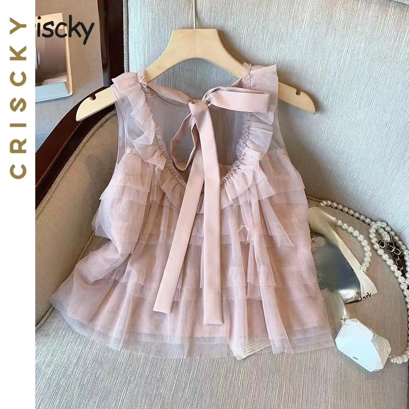 

2023 New Girls Shirt Summer Sweet Children Clothes Solid Sleeveless Ruffles Layers Kids Blouses for Girls Clothing