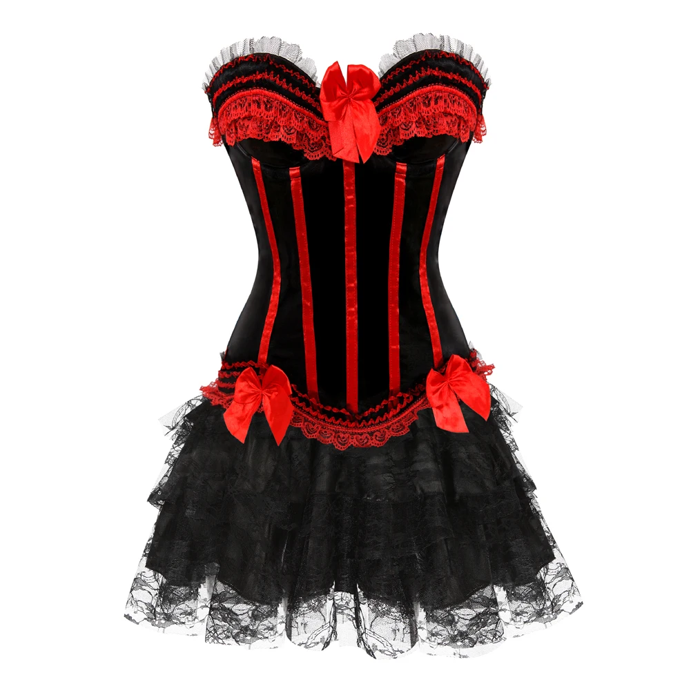 Купи Gothic Lace Bow Corset Dress Top for Party 2 Piece Sets Womens Outfit Victorian Lingerie Dress for Date Night Sexy Curvy за 722 рублей в магазине AliExpress