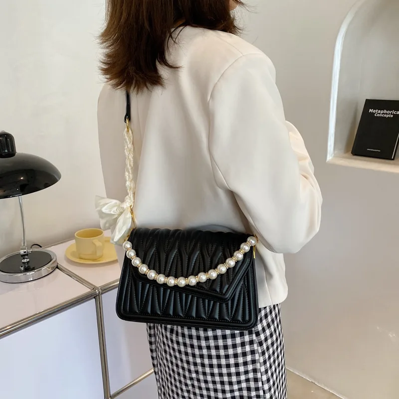 

Fashion Women Pearlflap Crossbody Bags Shoulder Handbag Pu Leather Messenger Pocket Pure Color Top-handle Bag