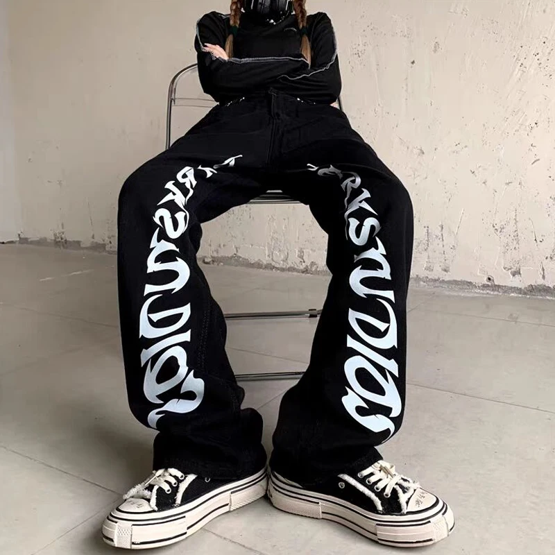 

Y2k Jeans Star Girl Black Pants For Women's Designer Vintage High Street Style Mopping Pants Fashion Letter Decorate Denim Pants