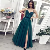 vinca sunny sexy spaghetti straps green lace prom dress beads sweetheart party gown tulle slit a line for formal robe de soiree