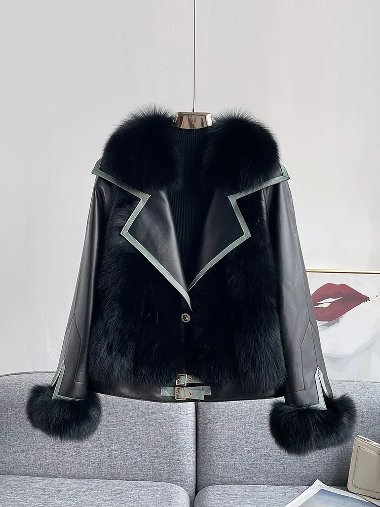 Whole Leather Fox Fur Fur Coat Women's Short Haining New Motorcycle Sheepskin down Jacket Coat