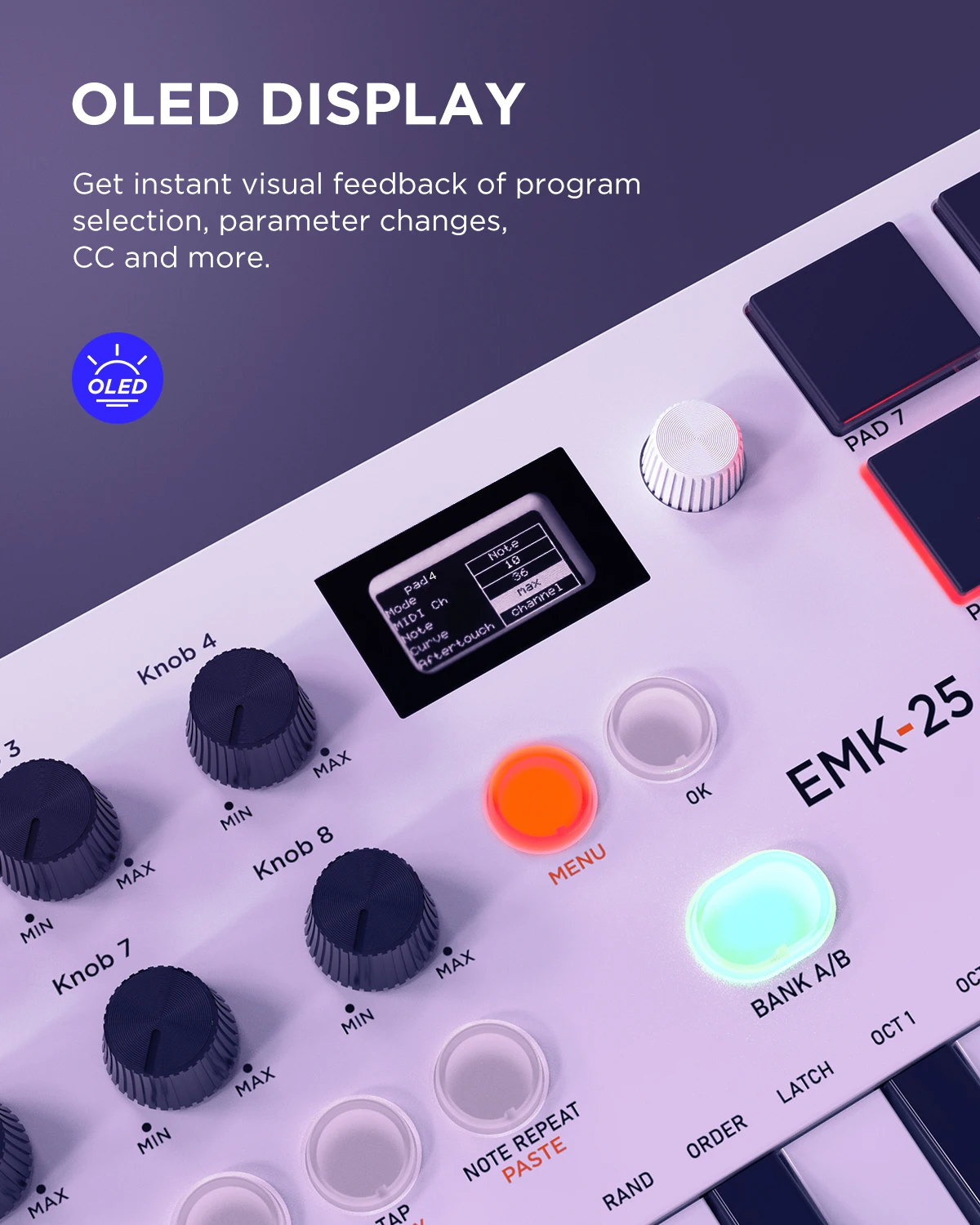 EMK-25 беспроводной Midi-контроллер клавиатуры с 9 подсветками OLED-дисплей 8 ручек
