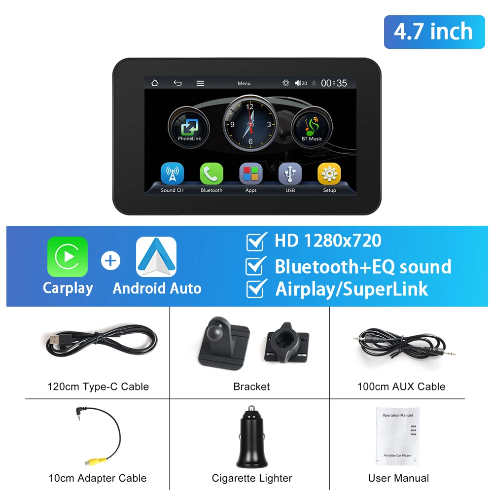 Podofo 4,7-дюймовый автомобильный монитор CarPlay Android Auto EQ Sound Dashboard Смарт-плеер AUX Airplay Android Cast Bluetooth FM AUX