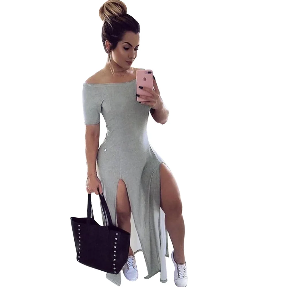

Women Slash Neck Split Dress Summer Slim Casual Solid Short Sleeve Maxi Dress Party Clothes Streetwear