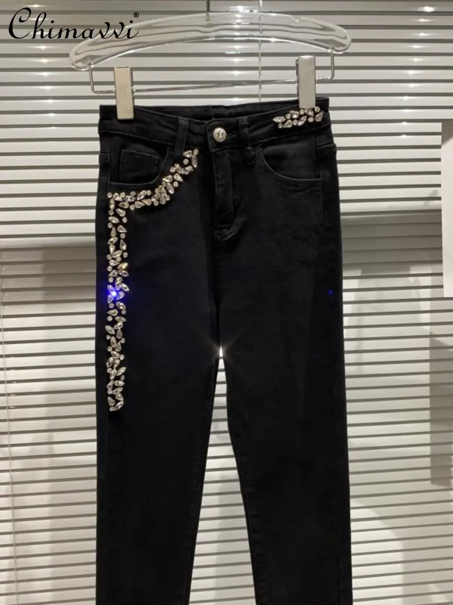 

Feminine Light Luxury Black Jeans 2022 Autumn Clothes New Rhinestone Beaded Design Shiny Elegant Denim Pencil Pants for Women