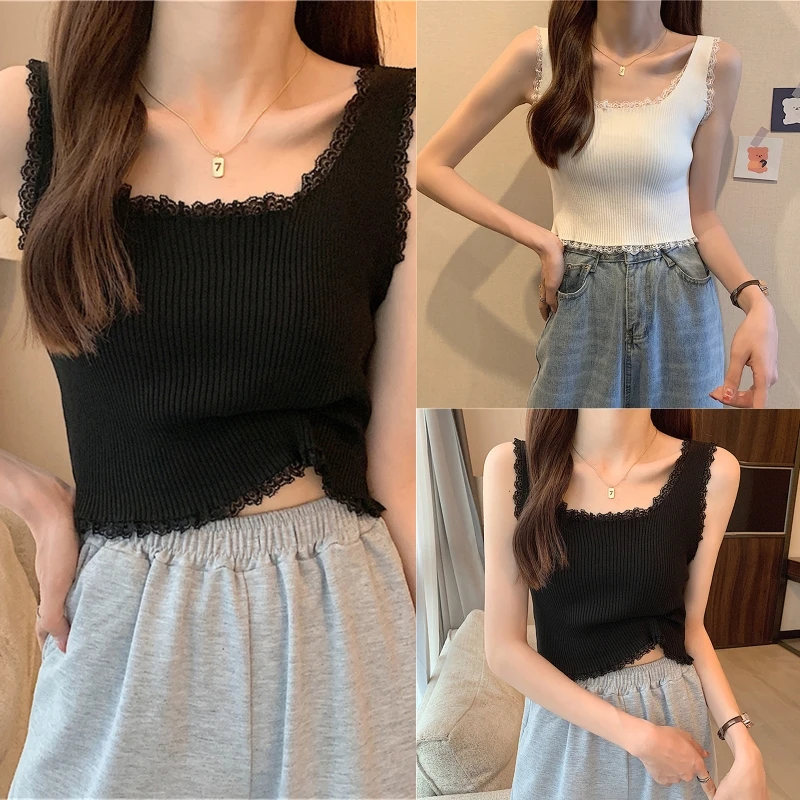 

Женская Классическая однотонная укороченная майка без рукавов с квадратным вырезом и кружевной отделкой