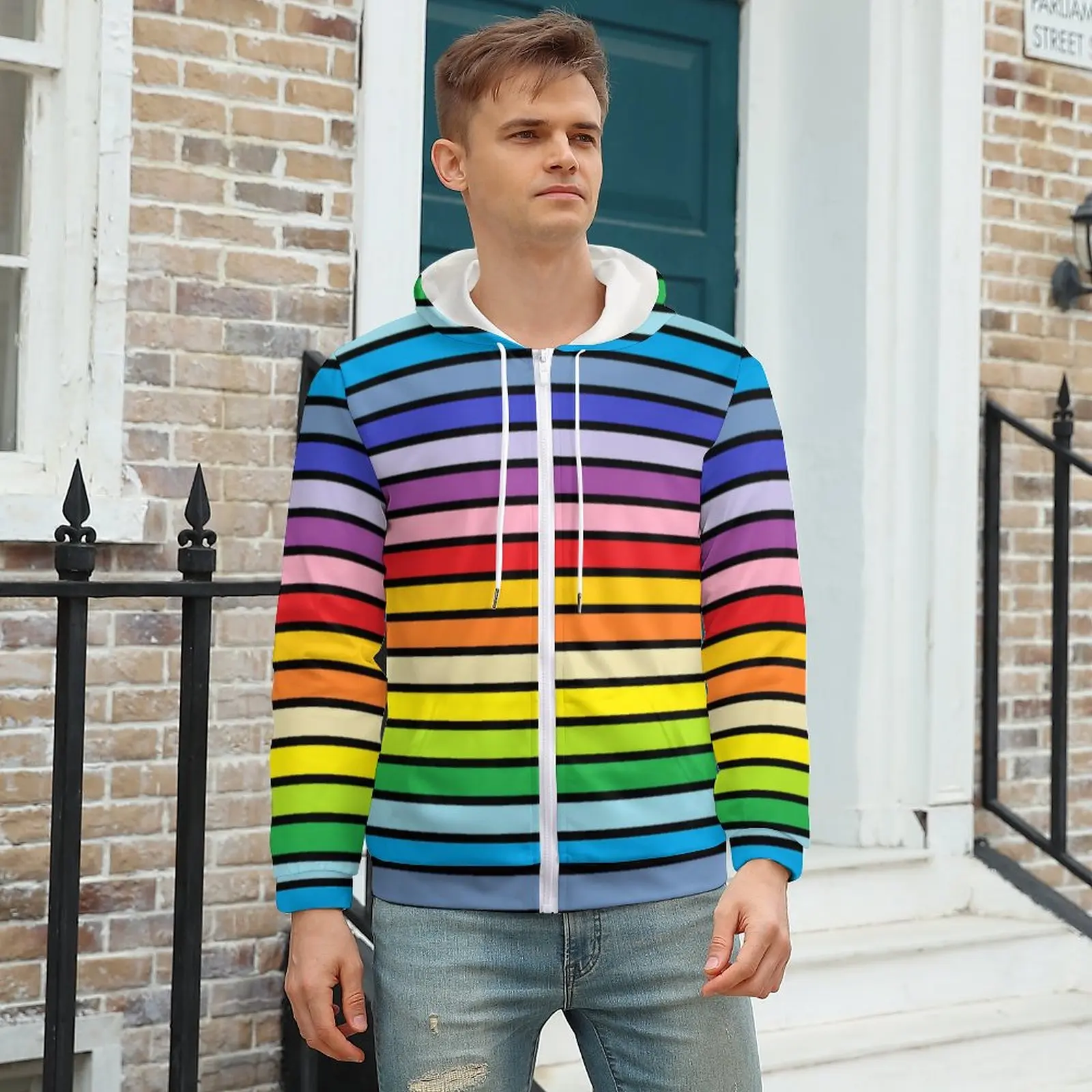 

Rainbow Stripes Casual Hoodies Black Lines Print Modern Design Sweatshirts Autumn Long Sleeve Street Fashion Oversize Hoodie