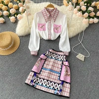 high quality 2022 office lady set patchwork color blouse shirt tops and pockets geometric printed mini skirts two piece set new
