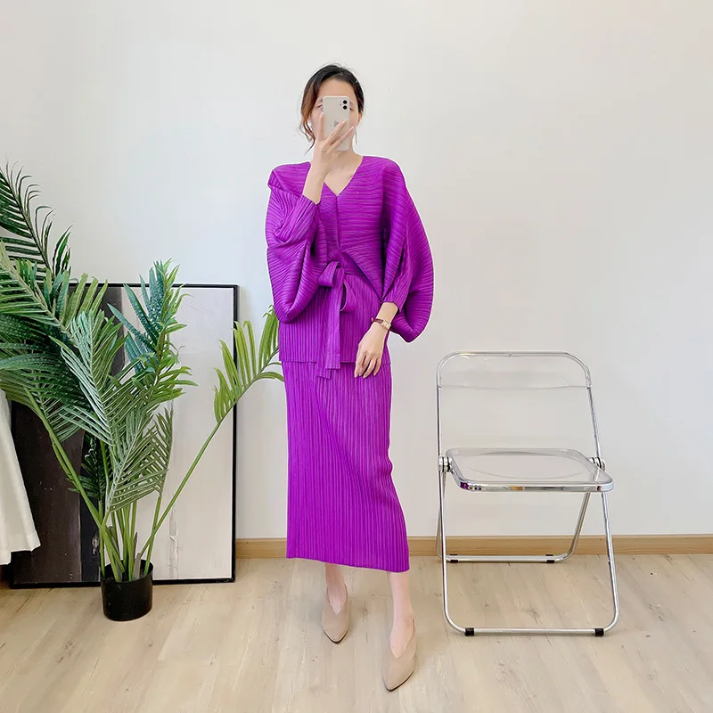 YZZ Elegant Women Purple Pleated Skirt Set Summer Loose V-Neck Bat Sleeve Bandage Top Slit Skirt Two Piece Sets Female Outfit
