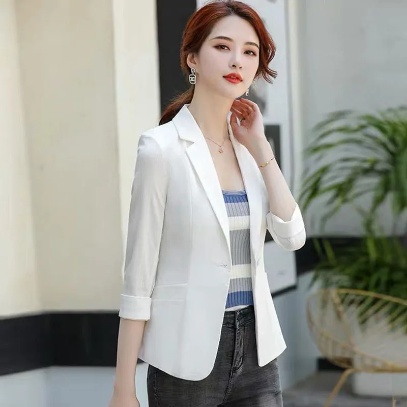 2023 New Spring Summer Korean Fashion Women Blazer Coats Three Quarter Sleeve Slim Casual Jacket Female Suit Outwear Ladies Tops