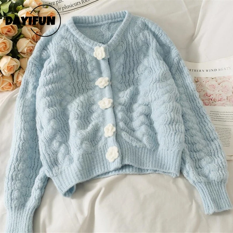

DAYIFUN Women Flowers Sweaters Autumn Winter Short Knitted Cardigan Jacket O Neck Knit Coat Female Long Sleeve Knitwear Outwears