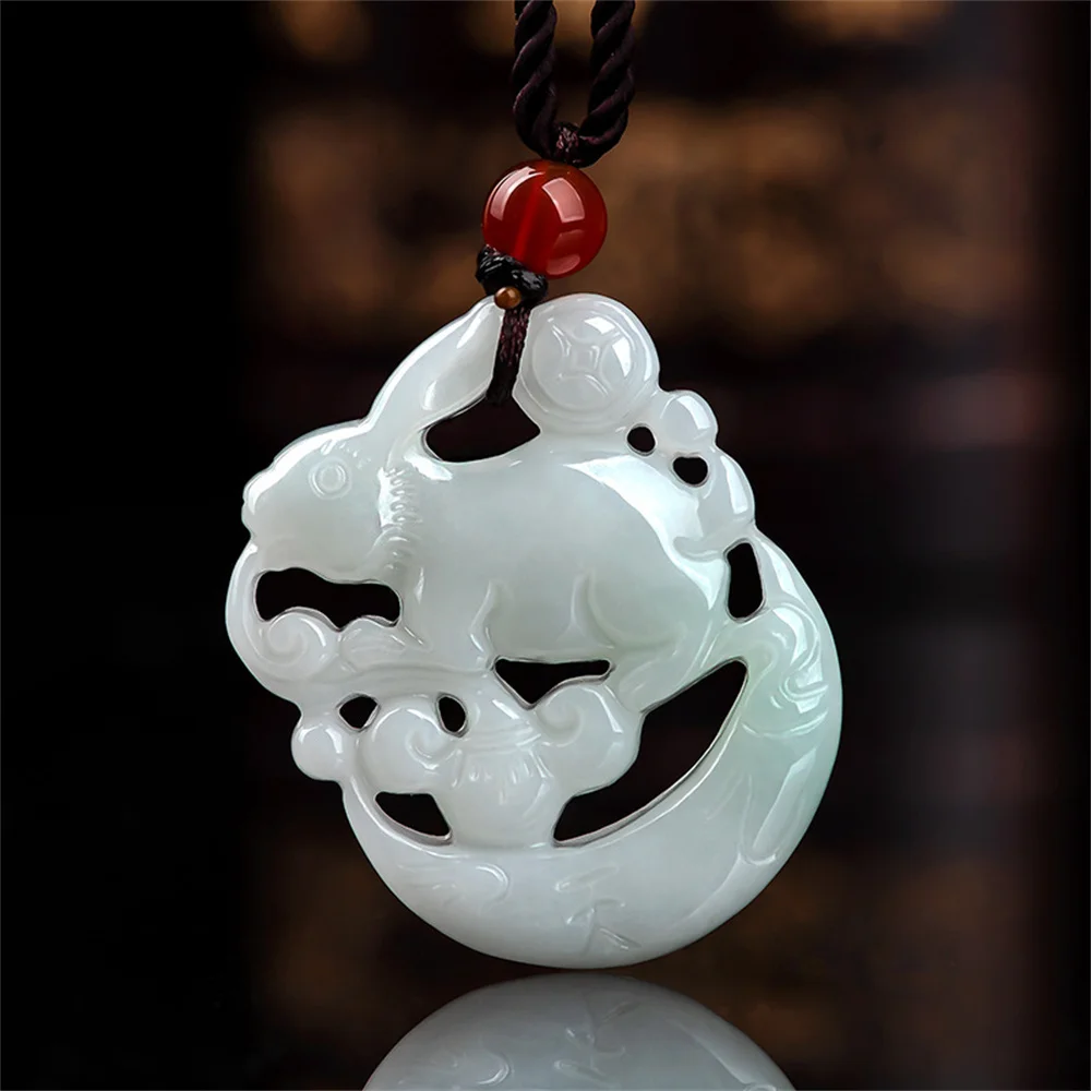 

Natural Grade A Jadeite Hand Carved Hollow Moon Rabbit Lucky Pendant Amulet Necklace Certificate for Woman's Retro Gift Jewelry