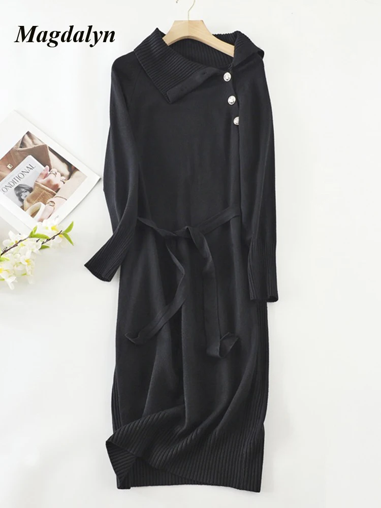 Magdalyn женское трикотажное осеннее длинное платье средней длины на пуговицах