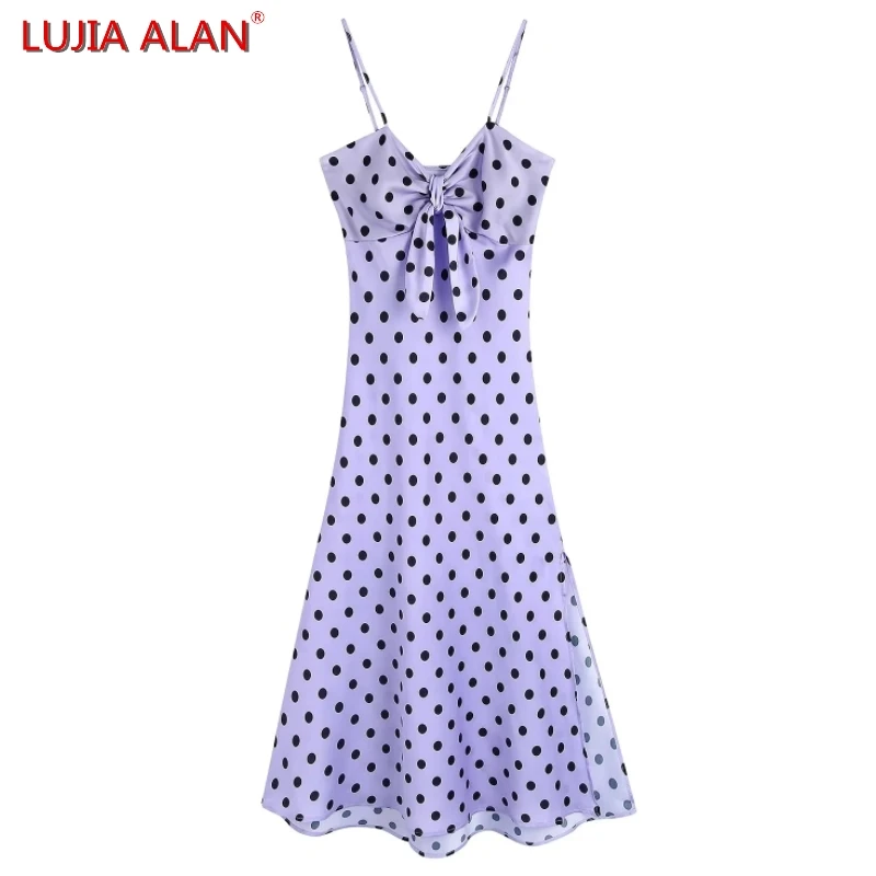 

Summer New Women Polka Dot Printed Side Slit Sling Midi Dress Female Casual Lace Up Bowknot Vestidos LUJIA ALAN WD2937