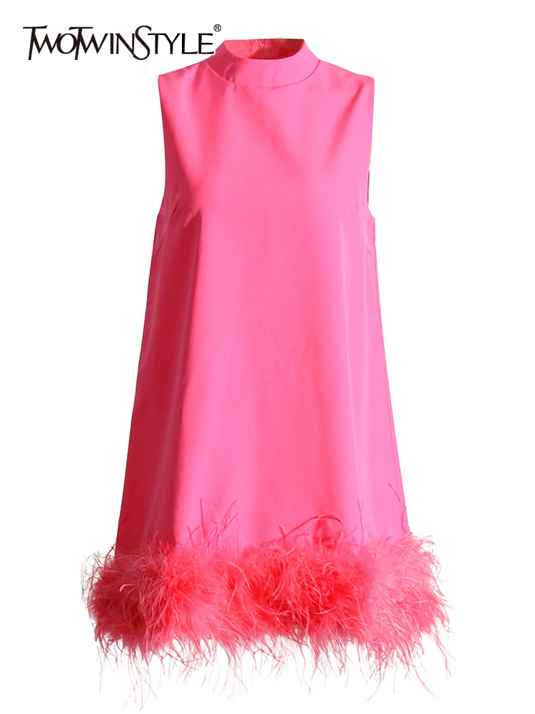 

TWOTWINSTYLE Minimalist Dresses For Women Round Neck Sleeveless High Waist Patchwork Feather Casual Pullover Dress Female Autumn