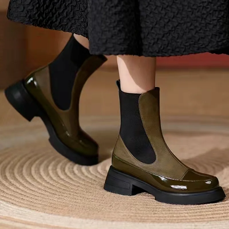 

Fashion leather women's ankle boots 2022 winter new fashion color matching square heel thick heel pull-on women's Chelsea boots