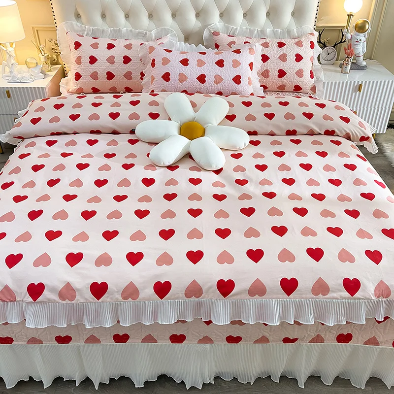

100% Cotton Love Floral Printing Princess Bedding Duvet Quilt Cover Set Ruffle Quilted Bedspread Bed Linen Pillowcase