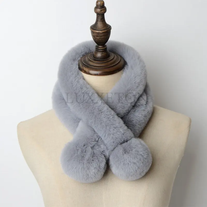 

Children Scarves Women Autumn and Winter New Fur Rabbit Fur Thick Warm Scarves Solid Color Fur Balls Cross Students LUXXETON