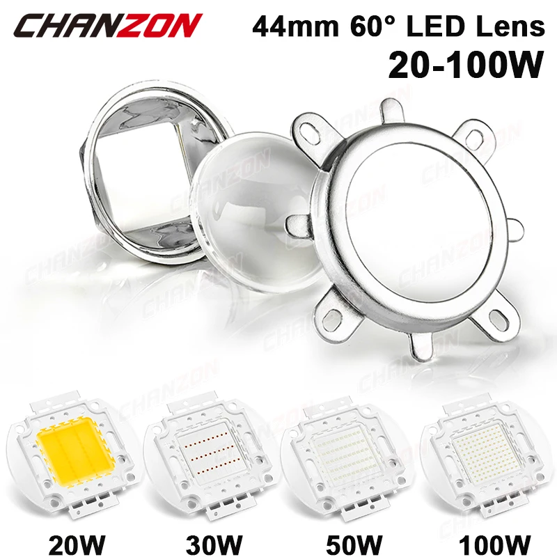 

44mm Lens Reflector Collimator High Power Lamp Bead Optical Glass 60 Degree 50mm Fixed Lens For 20W 30W 50W 100W Cob Led Chip