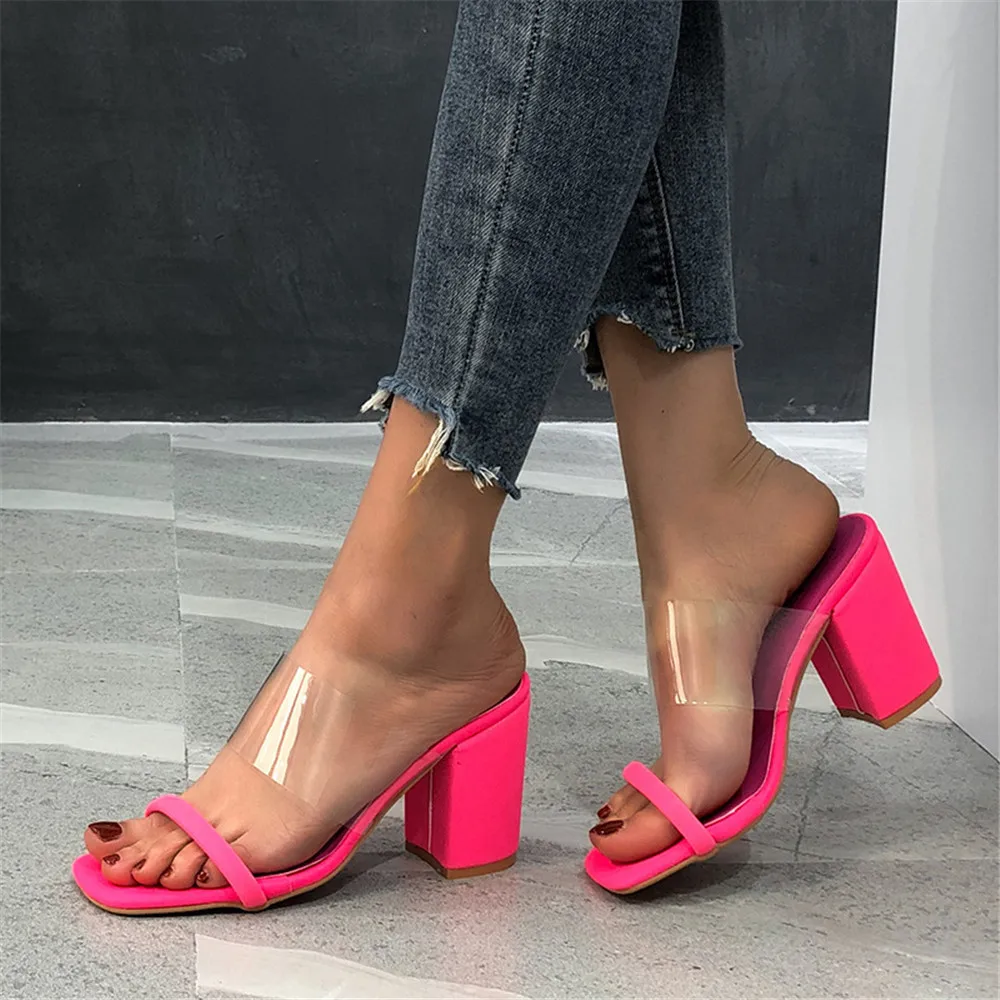 

Thick High Heel Slippers Women 2022 Summer Fashion Square-Head Sandals Female Mules Slides Ladies Party Shoes Black Rose Red