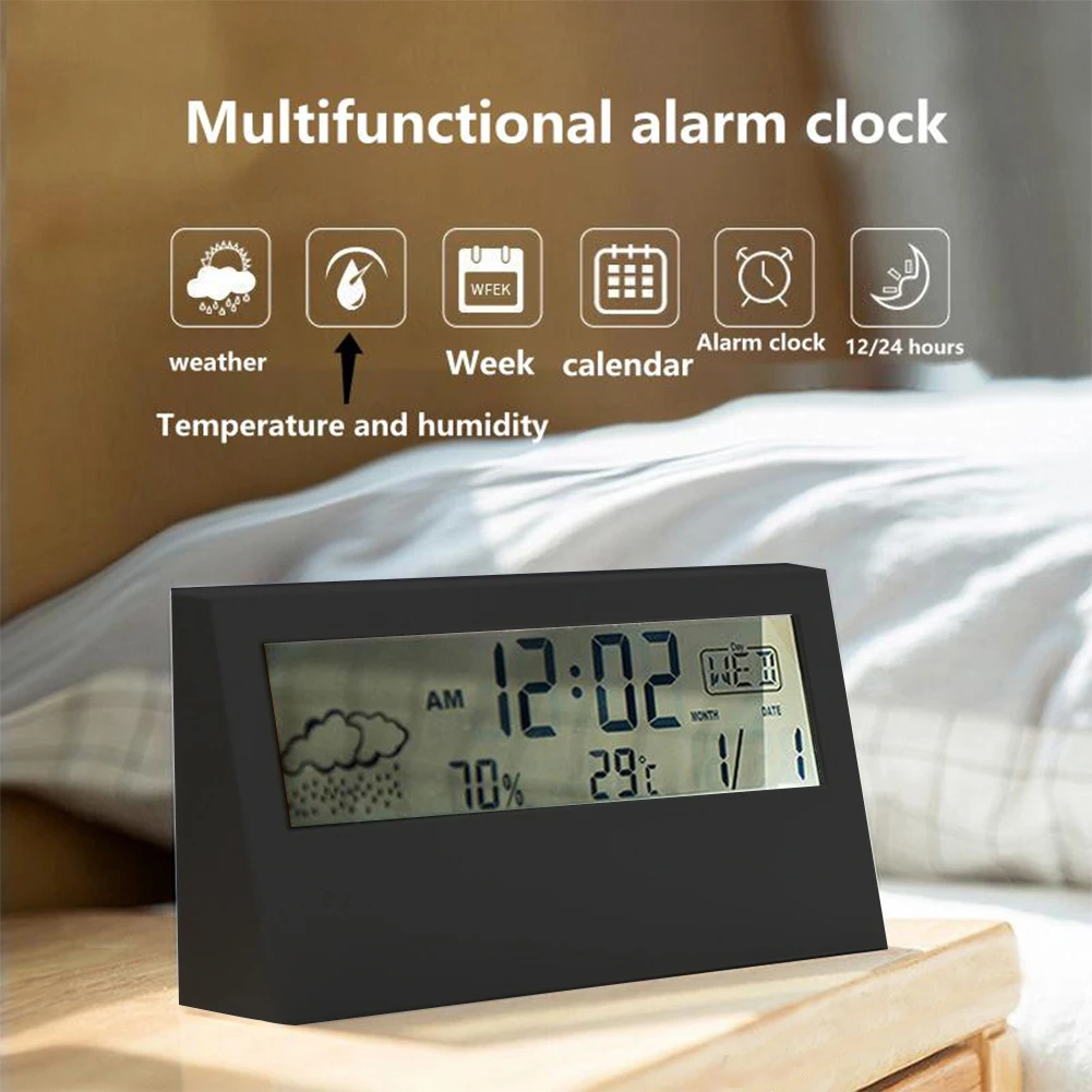 

Multifunctional transparent electronic alarm clock calendar weather temperature humidity display LED desk clock widget