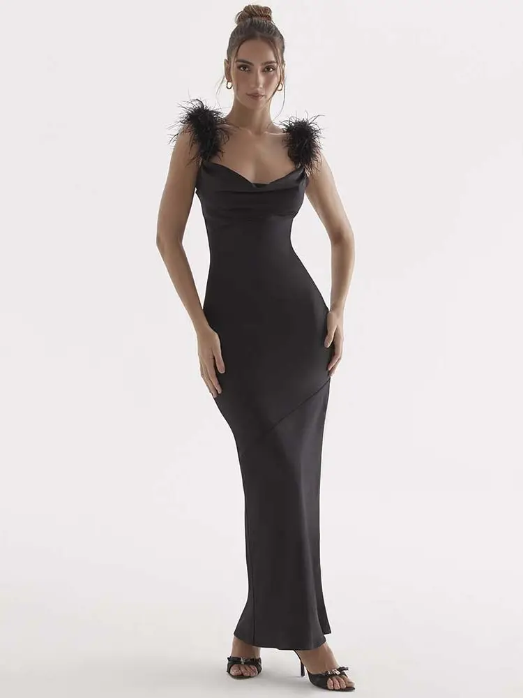 

BEVENCCEL Sexy New In Summer Women'S Black Feather Sleeveless V-Neck Maxi Dress Elegant Celebrity Party Evening Long Dress 2023