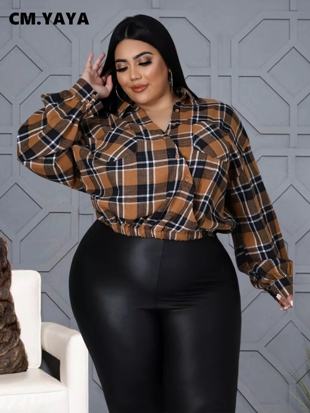 

Женская клетчатая однобортная блузка CM.YAYA с длинным рукавом и асимметричным подолом, топы-рубашки