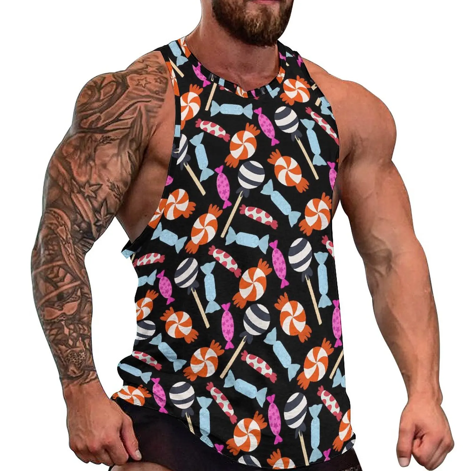 

Cute Candy Tank Top Lollies Print Cool Tops Beach Training Mens Printed Sleeveless Shirts Big Size 4XL 5XL