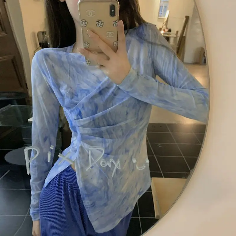 

Summer Elegant Pleated T-shirt Women Solid Casual Tee Femme Ofiice Lady Fashion Long Sleeve Sexy Round Neck Pullover Tops M318