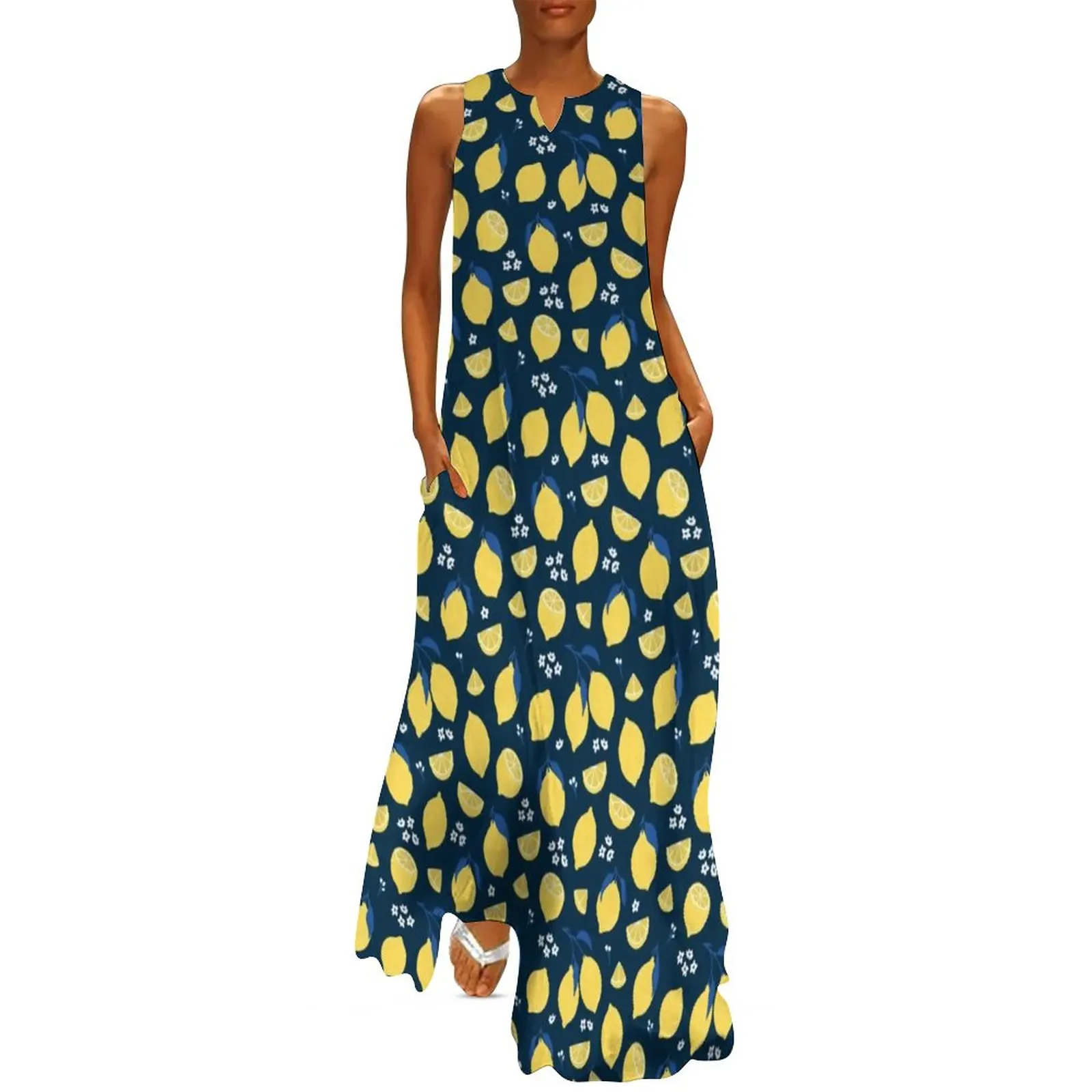 

Yellow Fruit Print Dress Lemon Pattern Cute Maxi Dress V Neck Pattern Bohemia Long Dresses Streetwear Oversized Clothes