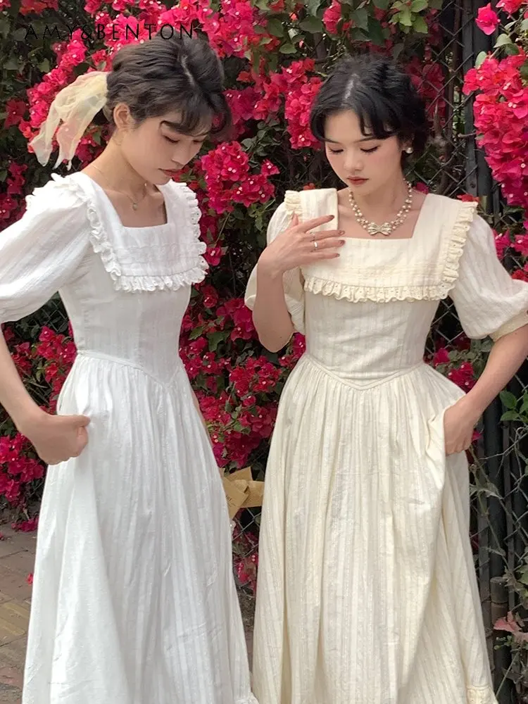 2023 Summer New Solid Color White Dress for Lady French Retro Style Square Collar Dress Spring Simple Vintage Dress for Women