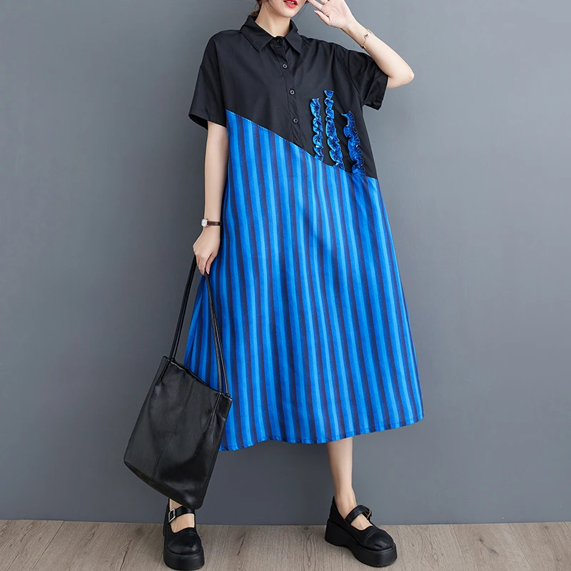 

Minority Patchwork Pullover Pocket Striped Dress Korean Fashion Fungus Lace Long Sleeve Shirt Birthday Dress For Pregnant Women
