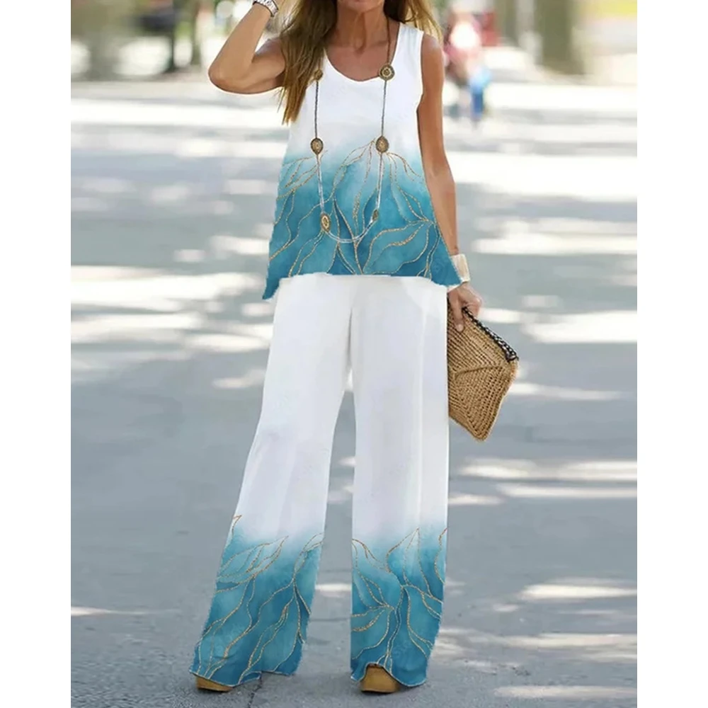 Summer Women Marble Print Round Neck Sleeveless Tank Top & Wide Leg Pants Set Causal Streetwear New In Suit 2023 y2k Clothes