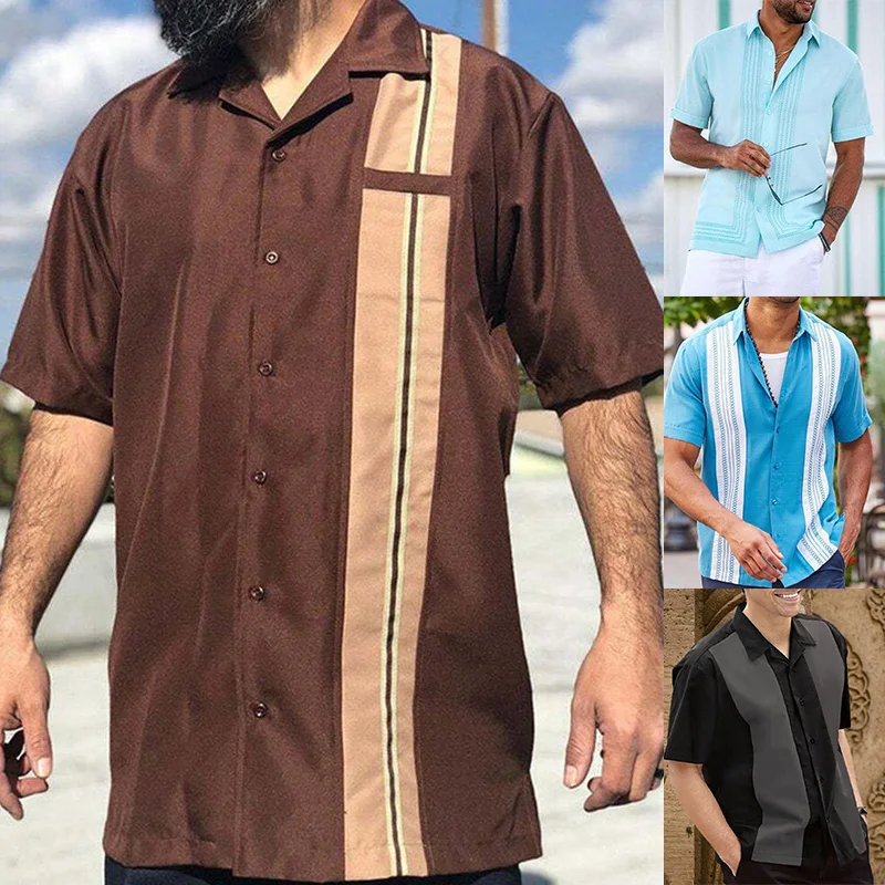 

Mens Short Sleeve Lapel Summer Loose Shirt Print Casual Stripe Dress Blouse Tops Shirt Tee Tops Loose Casual Stripe Lapel Collar