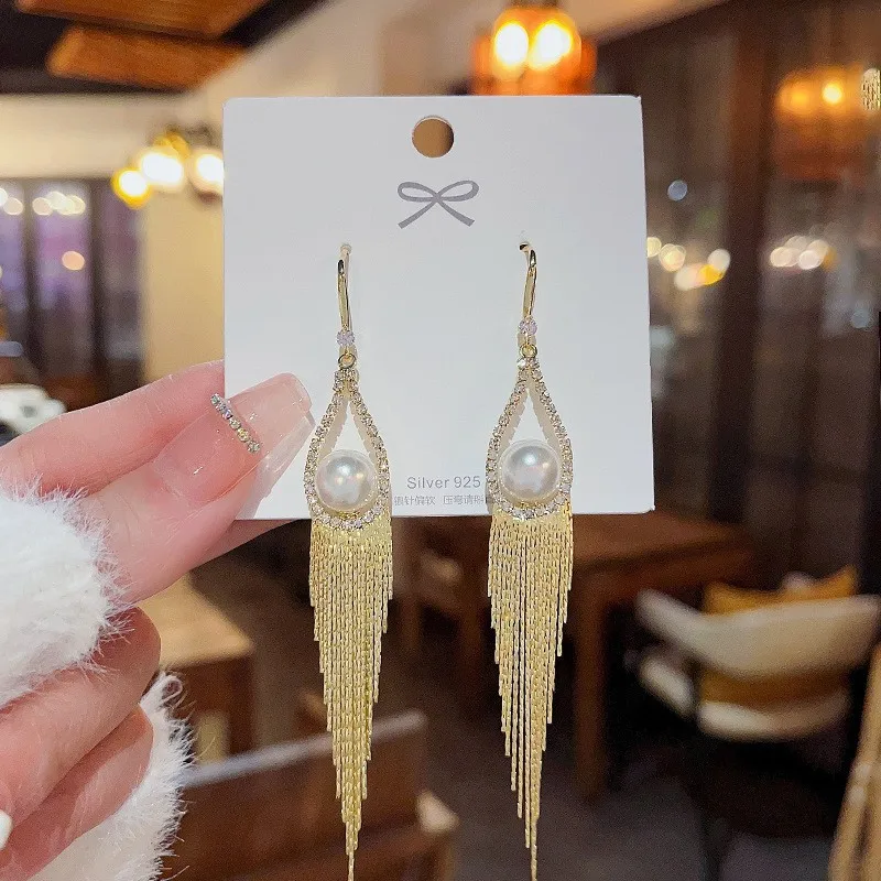 

S925 Silver Needle Hollow Water Drop Rhinestone Large Pearl Long Row Fringe Tassels Earrings Women's Fashion Ear Studs Jewelry