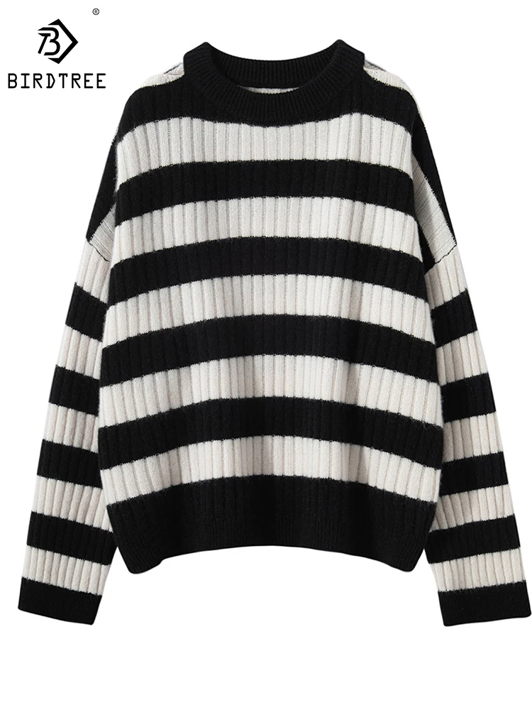 

Женский пуловер в полоску Birdtree, свитер из 100% кашемира на весну и осень, новый корейский Повседневный свободный свитер с круглым вырезом, T39270QD