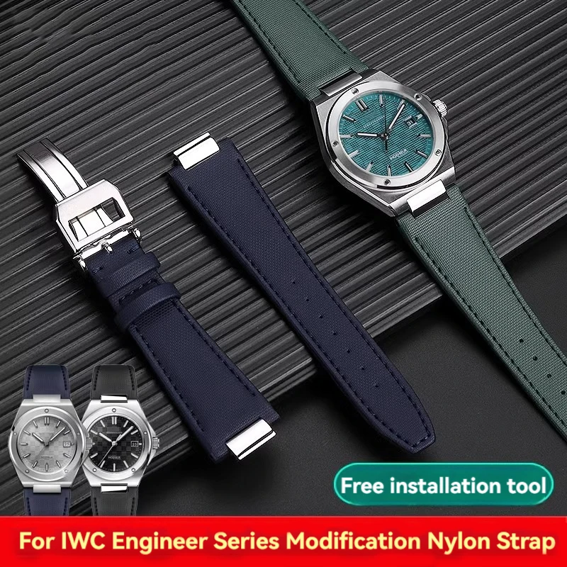 Фото Нейлоновый холщовый ремешок для часов IWC, инженерная серия IW328901 IW328902 IW328903 со стальным браслетом Endlink, синий, зеленый ремешок для часов №1