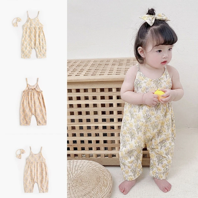 

Toddler Infant Baby Girl Sling Sleeveless Overall Jumpsuit with Bowknot Headband Vintage Flroal Print Vest Rompers Playsuit Set