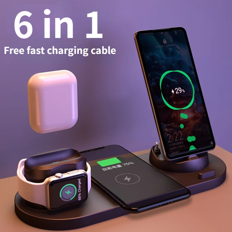 

6 in 1 Wireless Charger for IPhone 13, 12, 11, XR, 8, Apple Watch, Airpods Pro, IWatch 7, 6 Android or IOS Phones 10W/15W