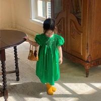 2022 summer new korean version girls embroidered green dress kids puff sleeves dress fashion clothes boutique simple style